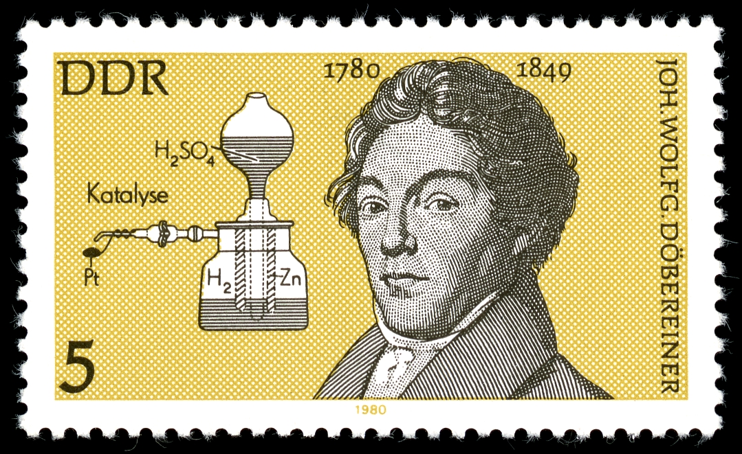 J. W. Döbereiner und sein Feuerzeug auf einer Briefmarke (Quelle: Deutsche Post der DDR, 1980).