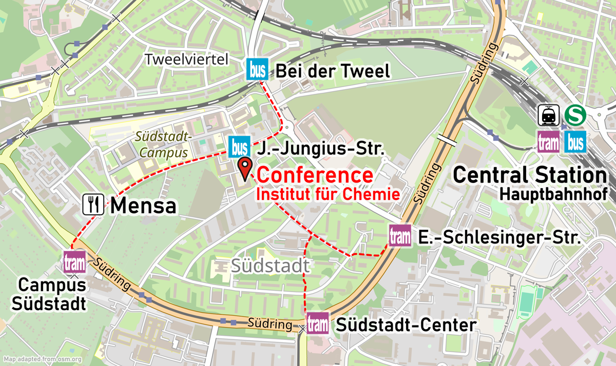 Karte der Südstadt mit wichtigen Bus- und Bahnhaltestellen sowie dem Tagungsort