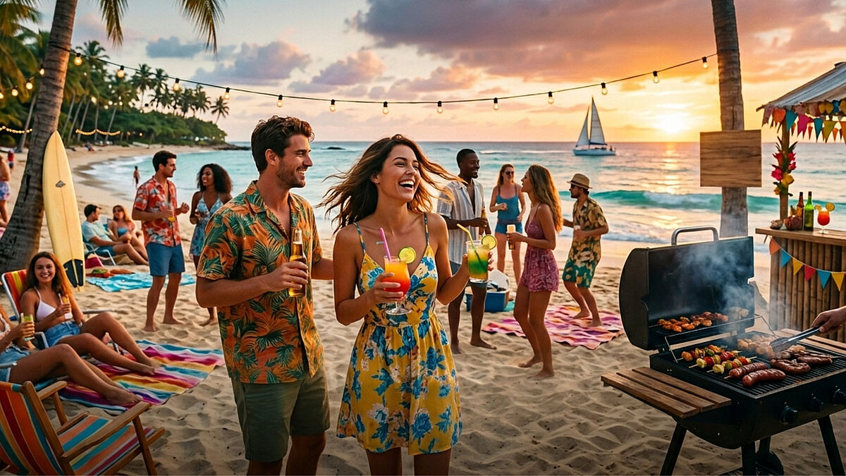 Stimmungsbild für das Sommerfest: Menschen in Sommerkleidung am Strand mit Palmen, Cocktails und einem Grill bei Sonnenuntergang